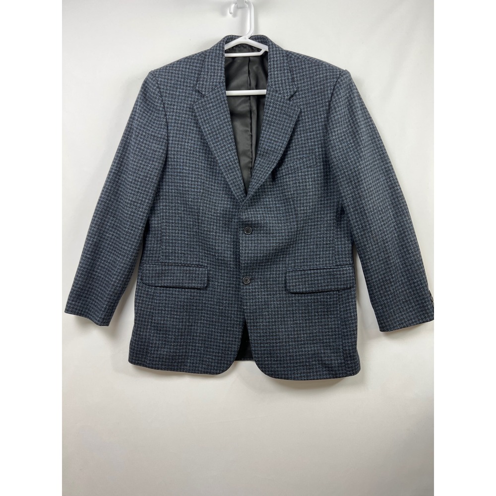 Lands End Blazer Mens 42 Reg Blue Houndstooth 100% Wool Sport Coat Tweed Classic